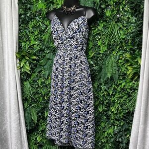 Elie Tahari Dress Size 10 Black Floral Print Midi Spaghetti Strap Cocktail 3586